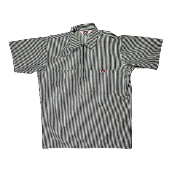 Ben Davis Size M Men's Black White Striped Work Shirt 1/4 Zip Short Sleeve - Picture 1 of 9